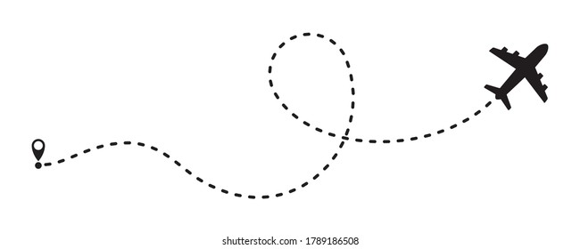 airplane route vector icon, air plane flight route with line trace isolated on white