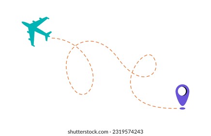 Airplane route vector icon of air plane flight path with start point and dotted line. Colorful vector illustration
