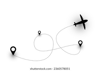 Icono vectorial de ruta de avión de una trayectoria de vuelo de avión con un punto de partida y una línea de puntos.