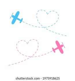 Airplane route vector illustration. Blue and pink flying planes icon set. Heart dashed lines path with dash trace. Isolated on white background.
