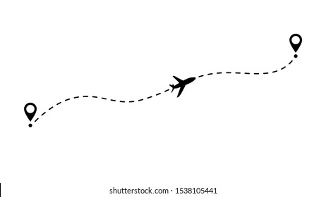 Airplane route vector illustration. Fly line path icon of air plane flight route with start point and dash line trace