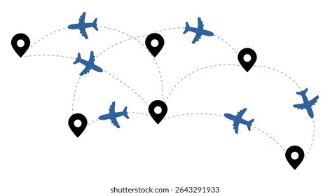 Airplane Route Vector Illustration. Global Flight Paths, Air Travel Icons with Dotted Lines and Location Pins, International Aviation Network Graphic on White Background