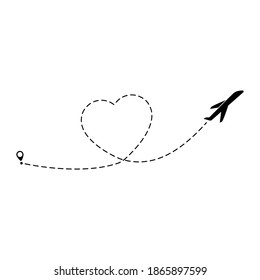 Airplane route vector illustration. Love romantic travel. Heart dashed lines path with start point and dash line trace isolated on white background.