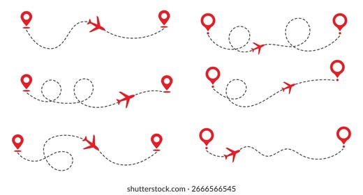 Conjunto de Vectores de ruta de avión: ilustración de ruta de vuelo punteada - gráficos descargables para diseños de viajes y navegación