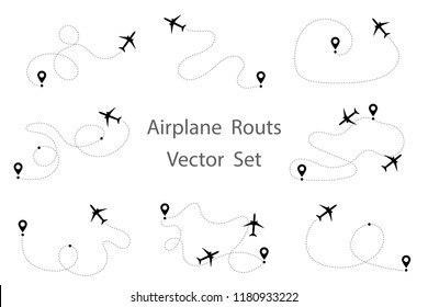 Airplane route vector set. Line path vector icon of air plane flight route with start point and dash line trace. Aircraft clip art icon with route path track. Airplane minimal vector illustration.