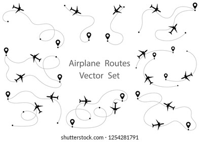 Airplane route vector set. Line path vector icon of air plane flight route with start point and dash line trace. Aircraft clip art icon with route path track. Airplane minimal vector illustration.