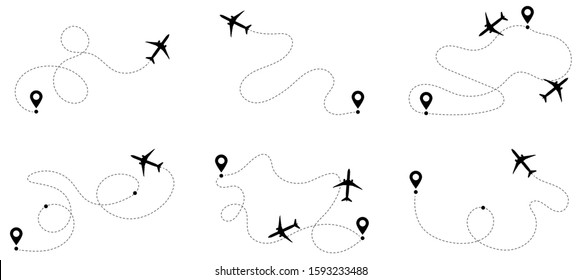 Airplane route vector set. Line path vector icon of air plane flight route with start point and dash line trace. Aircraft clip art icon with route path track. Airplane minimal vector illustration.