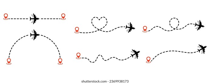 Airplane routes. Air plane flight route with line trace. Plane route. Aircraft tracking. Planes, travel, location pins, map pin. Airplane line path icon. Vector illustration