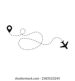  Airplane routes in dashed line trace. Plane route lines of aircraft tracking, location pins, planes, travel. Vector illustration . EPS 10 AI