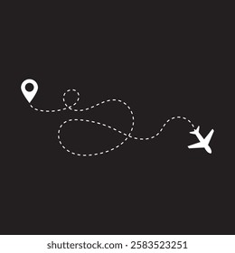  Airplane routes in dashed line trace. Plane route lines of aircraft tracking, location pins, planes, travel. Vector illustration . EPS 10 AI
