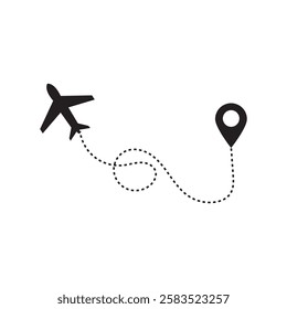  Airplane routes in dashed line trace. Plane route lines of aircraft tracking, location pins, planes, travel. Vector illustration . EPS 10 AI