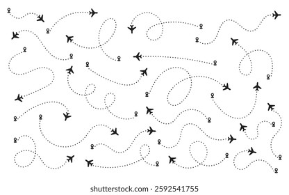 Airplane routes in dashed line trace set. Plane route lines tracking, location pins, planes, travel, map pins on white background.