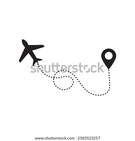  Airplane routes in dashed line trace. Plane route lines of aircraft tracking, location pins, planes, travel. Vector illustration . EPS 10 AI
