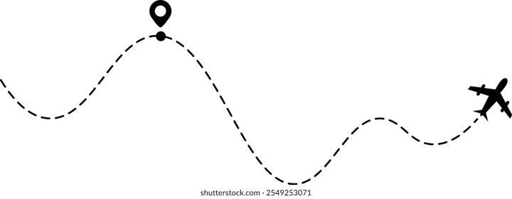 Avião percorre o vetor de desenho de linha pontilhada. Caminho plano com pinos de localização. Plano pontilhado caminho com pontos. Caminho do avião com ilustração de vetor de pinos de localização. 
