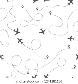 Airplane routes with dotted line, seamless pattern on white background