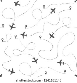 Airplane routes with dotted line, seamless pattern on white background