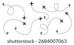 Airplane routes flight path vector with location pins. Airplane line path icon of air plane flight route with start point and dash dotted line trace.