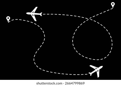 Vector de ruta de vuelo de rutas de avión, rastreo de línea de avión con pines de ubicación, iconos de pin de mapa de viaje, ruta de seguimiento de aeronaves, Ilustración vectorial de ruta de avión, ruta de línea de avión Icono de pin de ubicación de avión