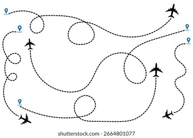 Airplane routes flight path vector, airplane line trace with location pins .Airplane line path icon of air plane flight route dash line trace with start point. Simple airplane travel line path map eps