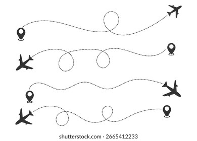 Avião rotas vetor de trajetória de voo, rastreamento de linha de avião com pinos de localização, ícones de pinos de mapa de viagem, rota de rastreamento de aeronave, ilustração de vetor de rota de avião, avião