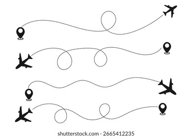 Flugrouten Flugrouten, Flugrouten-Vektorgrafik, Flugrouten-Vektorgrafik, Flugrouten-Vektorgrafik mit Ortungsnadeln, Pin-Icons für die Reisekarte, Flugrouten-Vektorgrafik, Flugzeug-Vektorgrafik