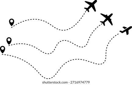 Airplane routes flight path vector with location pins. The flight path of the aircraft from the point of location along the dotted line. Airplane line path icon of airplane flight route. Transparent png and vector illustration
