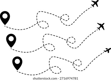Flugrouten Flugbahn Vektor mit Position Pins. Die Flugbahn des Flugzeugs vom Punkt des Ortes entlang der gepunkteten Linie. Symbol für den Fluglinienweg des Flugzeugs. Transparenter PNG und Vektorgrafik
