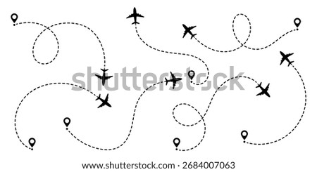 Airplane routes flight path vector with location pins. Airplane line path icon of air plane flight route with start point and dash dotted line trace.
