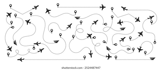 Conjunto de ícones das rotas do avião. Ícone de vetor de viagem de percurso pontilhado da aeronave. Plano de traçado de linha com pinos de localização isolados no fundo branco. Ilustração vetorial.	

