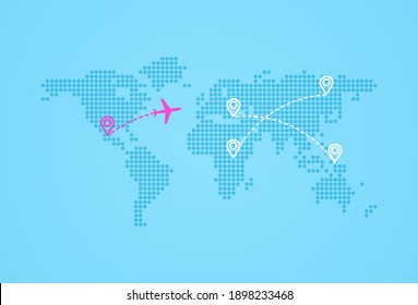 Airplane routes on maps. Plane paths on world maps. Aircraft tracking, planes, travel, map pins, location pins. Vector illustration.