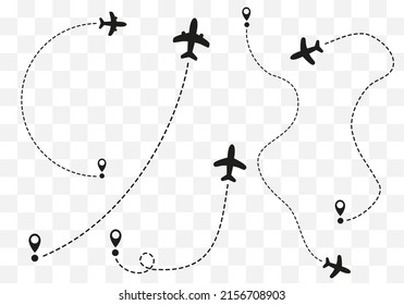 Airplane routes on transparent background. Romantic travel concept. Airplane line path, vector icon of air plane flight route on white background. Vector illustration.