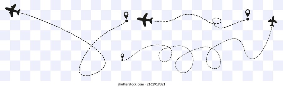 Airplane routes on transparent background. Romantic travel concept. Airplane line path, vector icon of air plane flight route on white background. Vector illustration.
