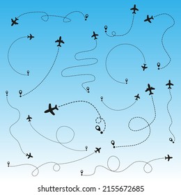 Airplane routes on white background. Romantic travel concept. Airplane line path, vector icon of air plane flight route on white background. Vector illustration.