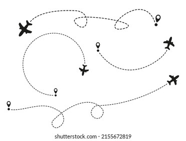 Airplane routes on white background. Romantic travel concept. Airplane line path, vector icon of air plane flight route on white background. Vector illustration.