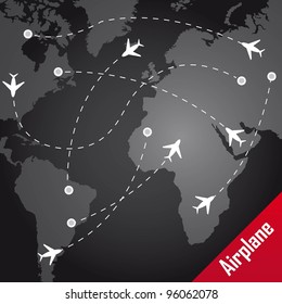 airplane with routes over map over black background. vector