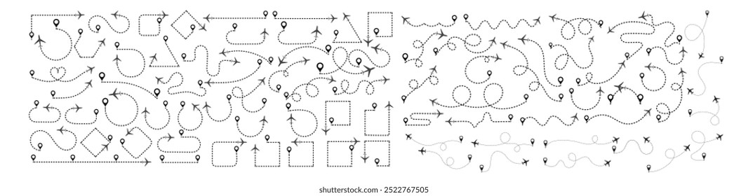 Airplane or airplane routes path big set. from start point and along trajectory isolated on white background. Airplane dotted route line the way airplane. Vector Illustration eps 10