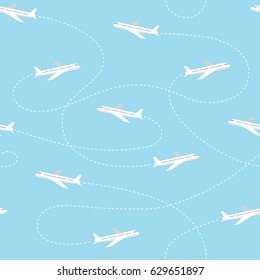 Airplane routes pattern, Planes with trajectories on the blue sky, seamless vector background 