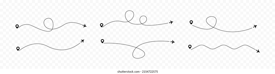 Airplane routes. Plane line paths set. Airplane line paths collection. Vector graphic EPS 10