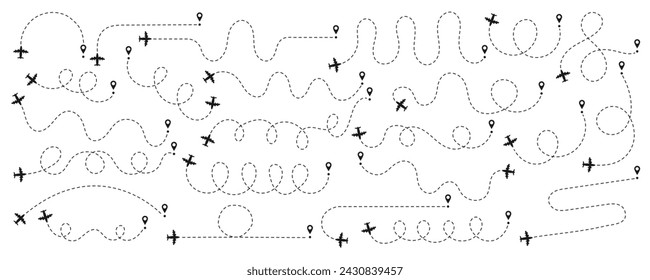 Airplane routes and plane path set. Plane with track collection. Travel path icon set. Location for travel, dotted road map with destinations. Vector illustration isolated on white background.