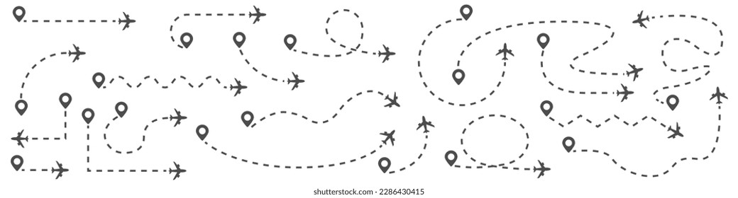 Airplane routes. Plane path. Travel path icon set. Vector illustration.