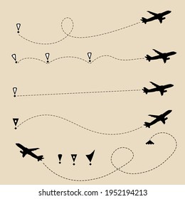 Airplane routes set. Aircraft tracking, planes, travel, map pins, location pins. Editable Vector illustration.