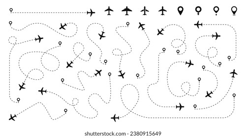 Airplane routes set. Plane dotted paths. Aircraft route dashed line. Aircraft tracking. Airplanes and location pins. Plane travel from start point. Vector illustration.