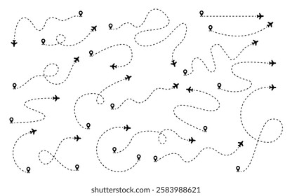 Airplane routes set. Plane dotted paths. Aircraft route dashed line. Aircraft tracking, planes, travel, map pins, location pins. Aircraft tracking, planes, travel, map pins, location pins