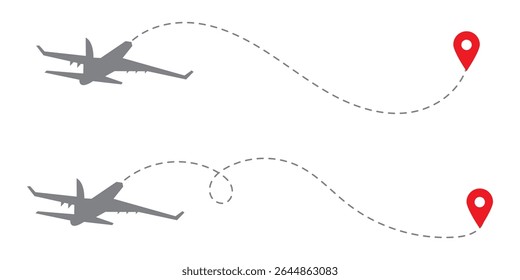 Rotas do avião definidas. Caminhos pontilhados planos. Linha tracejada da rota da aeronave. Rastreamento de aeronaves. Aviões e alfinetes de localização. Viagem de avião a partir do ponto inicial. Ilustração vetorial. 