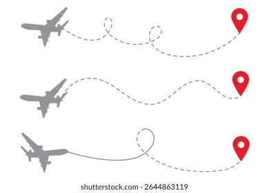 Rotas do avião definidas. Caminhos pontilhados planos. Linha tracejada da rota da aeronave. Rastreamento de aeronaves. Aviões e alfinetes de localização. Viagem de avião a partir do ponto inicial. Ilustração vetorial. 