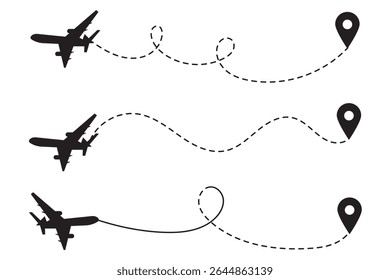 Rotas do avião definidas. Caminhos pontilhados planos. Linha tracejada da rota da aeronave. Rastreamento de aeronaves. Aviões e alfinetes de localização. Viagem de avião a partir do ponto inicial. Ilustração vetorial. 