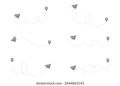 Rotas do avião definidas. Caminhos pontilhados planos. Linha tracejada da rota da aeronave. Rastreamento de aeronaves. Aviões e alfinetes de localização. Viagem de avião a partir do ponto inicial. Ilustração vetorial. 