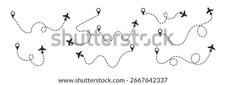 Airplane routes set. Plane dotted paths. Aircraft route dashed line. Aircraft tracking. Airplanes and location pins. Plane travel from start point. Vector illustration.