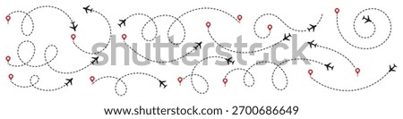 Airplane routes set. Plane dotted paths. Aircraft route dashed line. Aircraft tracking. Airplanes and location pins. Plane travel from start point. Vector illustration.