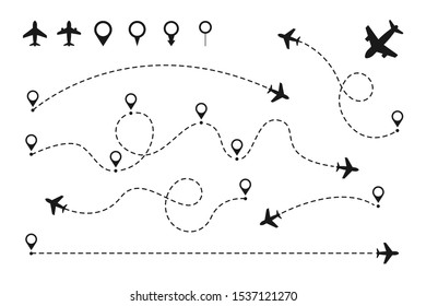 Airplane Routes Set. Plane Paths. Aircraft Tracking, Planes, Travel, Map Pins, Location Pins. Vector Illustration.